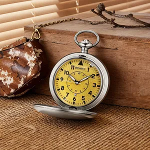 Vintage quartz pocket watch with calendar luminous hands, flip cover design, retro chain necklace.