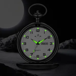 Black flip quartz pocket watch detail, double calendar display and luminous hands for night view.