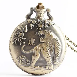 Vintage bronze quartz pocket watch with embossed tiger design and retro necklace chain.