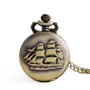 Vintage Antique Bronze Sailing Boat Embossed Quartz Pocket Watch with Chain Unisex Retro Timepiece