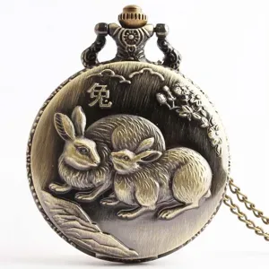 Vintage bronze quartz pocket watch featuring a 3D rabbit zodiac relief and chain detail.