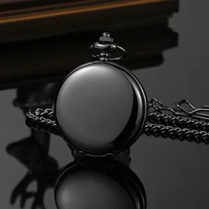 Black smooth finish quartz pocket watch with matching chain, elegant business vintage timepiece.