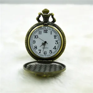 Classic vintage quartz pocket watch with bronze carved case, white dial and clear numbers.