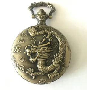 Detailed view of antique bronze quartz pocket watch with embossed dragon design and Chinese text.