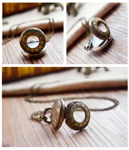 Vintage bronze hollow Roman numeral pocket watch necklace with long chain antique quartz.