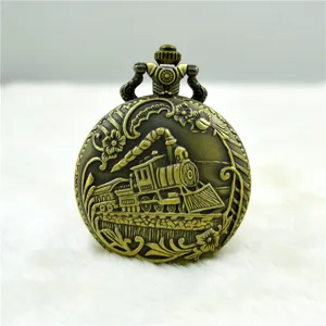 Vintage bronze pocket watch with retro steam train embossed cover quartz movement gift.