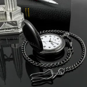 Detail view of black quartz pocket watch with double calendar luminous hands and metal chain.