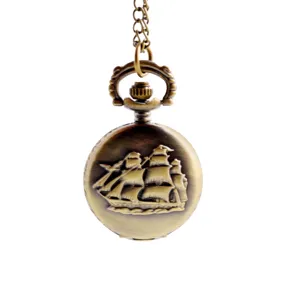 Vintage Bronze Pocket Watch with Sailing Ship Relief Antique Quartz Pocket Watch with Chain