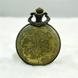 Vintage bronze quartz pocket watch with floral engraved case, classic retro timepiece for men.