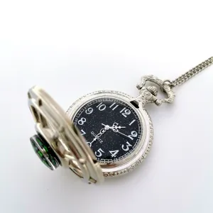 Vintage silver pocket watch with compass, starry sky dial, quartz movement and chain necklace.