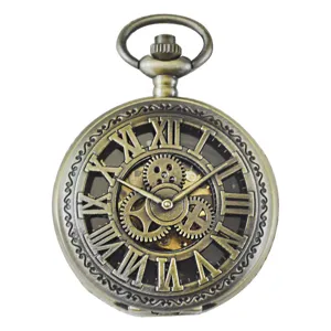 Vintage bronze mechanical pocket watch with hollow gear design and classic Roman numerals.