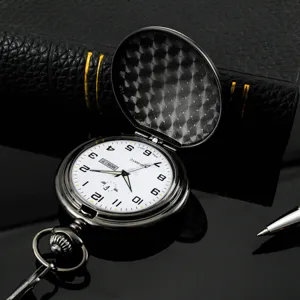 Detailed shot of a black quartz pocket watch with white dial, double calendar and intricate inner lid.