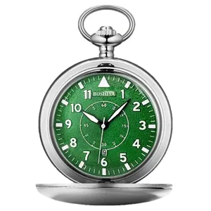 Silver quartz pocket watch with green dial, vintage cover design and luminous hands for men.
