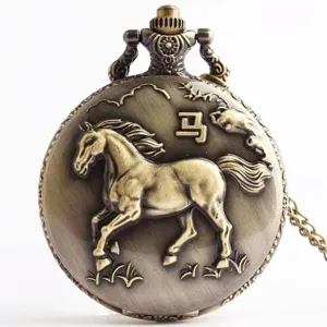 Vintage bronze quartz pocket watch with embossed 3D running horse motif and chain necklace accessory.