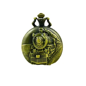 Vintage bronze locomotive quartz pocket watch for men, classic steam train design.