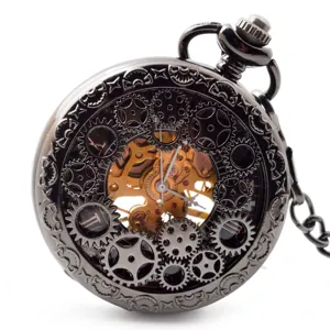 Vintage Hollow Gear Mechanical Pocket Watch Unisex Roman Numerals Dial With Chain Retro Pocket Watch Jewelry Gift