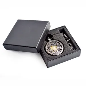 Vintage skeleton mechanical pocket watch with chain and gift box, unisex steampunk gear design.