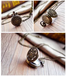 Vintage bronze quartz pocket watch with intricate hollow floral carved case and chain.