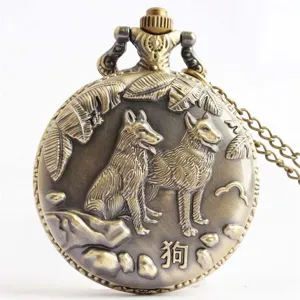 Detailed view of antique bronze pocket watch with dog relief carving and chain necklace.