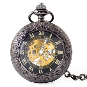 Vintage Hollow Mechanical Pocket Watch Bronze Silver Gold Black Alloy Retro Skeleton Pocket Watch With Chain