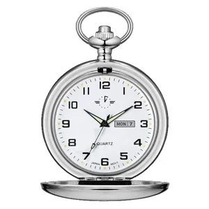 Silver pocket watch with white dial, Arabic numerals, quartz movement and calendar display.