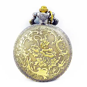 Vintage bronze pocket watch with exquisite floral engraved pattern, retro quartz timepiece accessory.