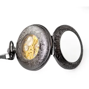 Vintage black mechanical pocket watch with hollow glass cover and intricate floral engraving.
