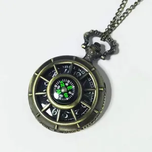 Closeup of vintage bronze compass pocket watch necklace with green dial detail and chain.