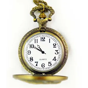 Vintage bronze quartz pocket watch with ornate carved case, white dial and long chain.
