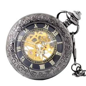 Classic vintage mechanical pocket watch with skeleton dial roman numerals and chain.