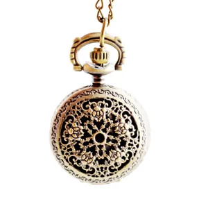 Vintage bronze quartz pocket watch with intricate hollow carved floral pattern for men women