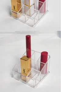 Clear acrylic 9-grid lipstick organizer desktop makeup storage display stand for cosmetics.
