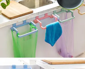 Kitchen cabinet door hanging trash bag holder, plastic multi-functional storage rack for kitchen.