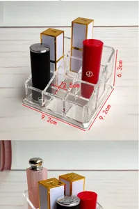 Clear acrylic 9-grid lipstick organizer for desktop cosmetic storage and display stand.