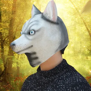 Funny husky animal head mask for Halloween cosplay party, realistic latex dog costume prop.