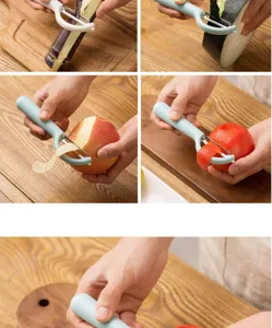 Kitchen fruit vegetable peeler detail view showing stainless steel dual blade cutting action cleanly.