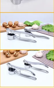 Stainless steel garlic press detail view showing robust metal construction and functional mechanism.