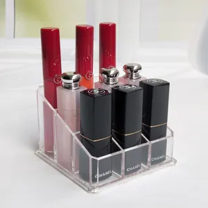 Clear acrylic 9-grid lipstick organizer desktop makeup storage display stand for cosmetics.