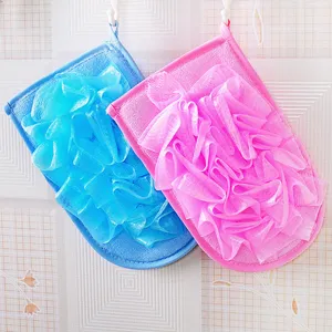 Doppelseitige Peeling Badeschwamm Handschuhe zur Körperreinigung, bequeme Duschhandschuhe blau rosa.