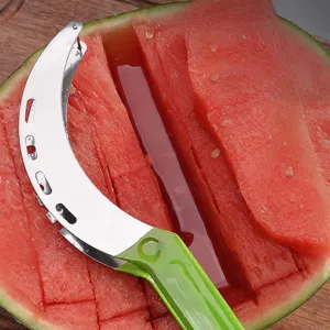 Stainless steel watermelon slicer tool, multi-functional fruit cutter for home kitchen.