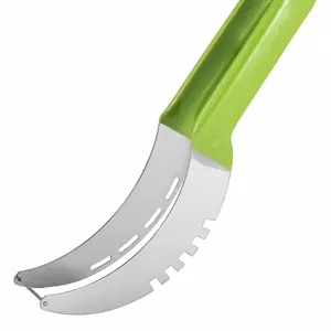 Green handle stainless steel watermelon slicer and fruit cutter tool for home kitchen use.