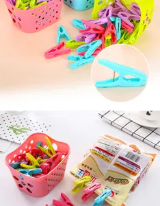 Detailed view of colorful plastic clothespins sealing snack bags and in storage baskets.