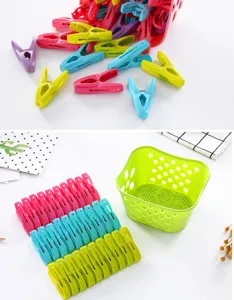 Multifunctional plastic clothes pegs with storage basket, durable clips for laundry drying.