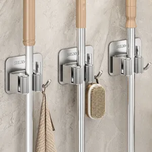 Support de balai mural en acier inoxydable pince pour serpillère crochet de rangement salle de bain