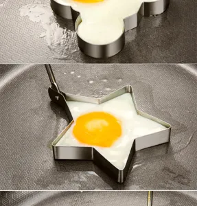 Stainless steel star egg frying mold detail showing the cooking process in non-stick pan.