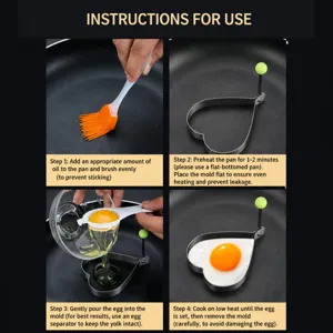 Stainless steel heart shaped fried egg mold ring set with oil brush and egg separator.