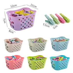 Plastic clothespins with breathable storage basket, multi-color household drying clips set.