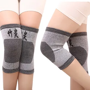 Grey thermal bamboo charcoal knitted knee pads designed for cold weather joint support comfort.