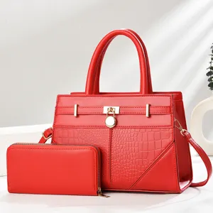 Red leather handbag set with croc texture, top handle shoulder bag and matching wallet.