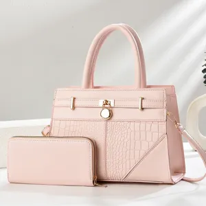 Pink crocodile embossed women handbag and wallet set stylish PU leather shoulder bag detail.